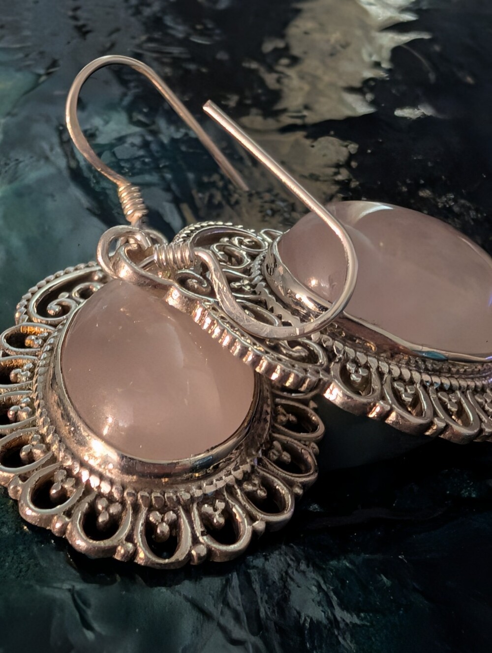 Antique Style Earrings 925 Sterling Silver Pink Rose Quartz Filigree Earrings - Picture 6 of 12